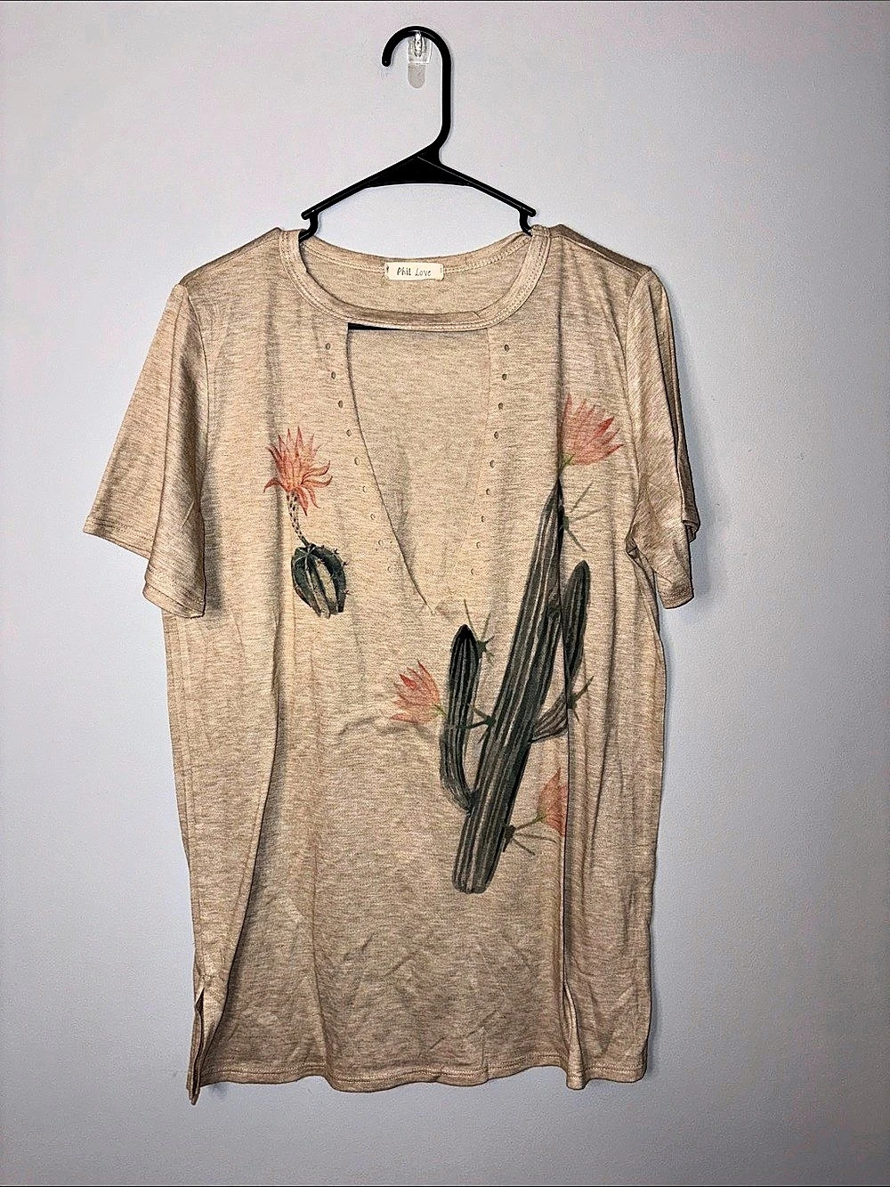 Phil Love Floral Cactus Short Sleeve Top in Brown Size Large
